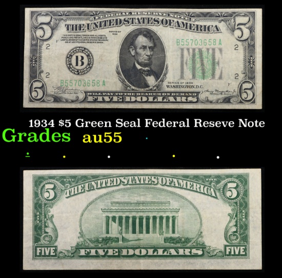 1934 $5 Green Seal Federal Reseve Note Grades Choice AU