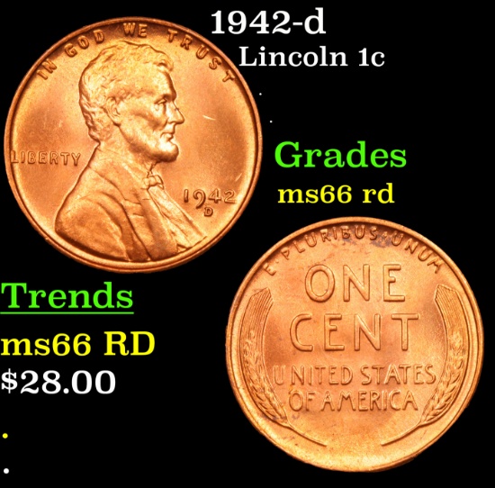 1942-d Lincoln Cent 1c Grades GEM+ Unc RD