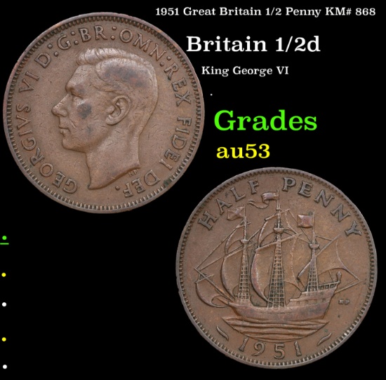 1951 Great Britain 1/2 Penny KM# 868 Grades Select AU