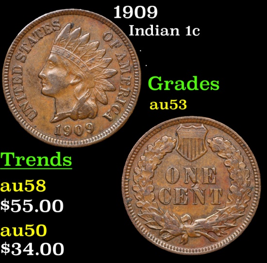 1909 Indian Cent 1c Grades Select AU