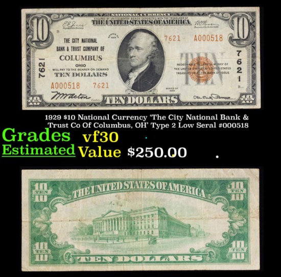 1929 $10 National Currency 'The City National Bank & Trust Co Of Columbus, OH' Type 2 Low Seral #000