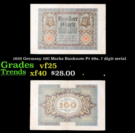 1920 Germany 100 Marks Banknote P# 69a, 7 digit serial Grades vf+