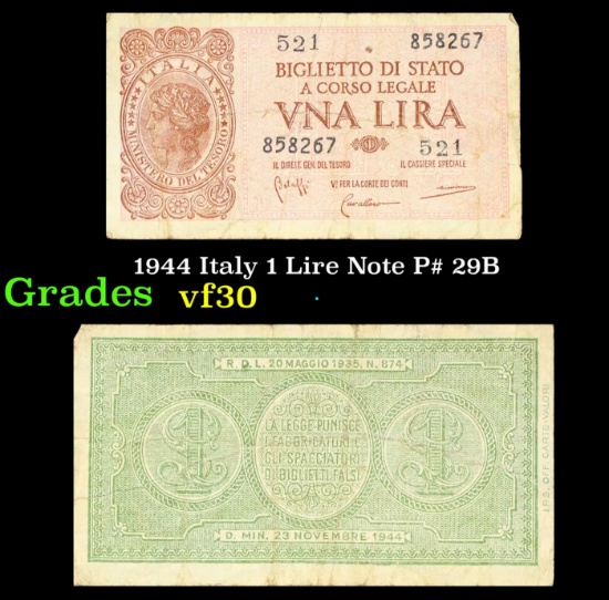 1944 Italy 1 Lire Note P# 29B Grades vf++