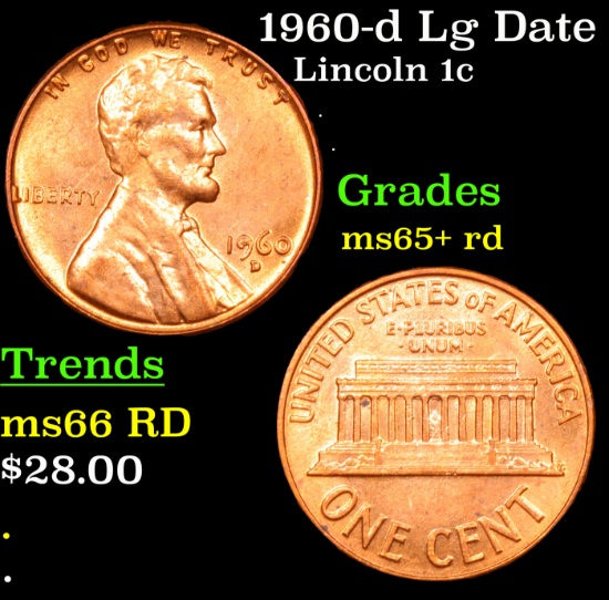 1960-d Lg Date Lincoln Cent 1c Grades Gem+ Unc RD