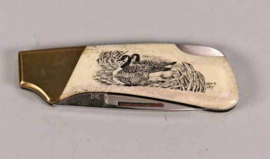 Vintage Kershaw Oregon Knife - Duck Scene, Bone Handle