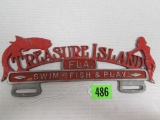 Antique Treasure Island Florida License Plate Topper W/ Bikini Girl