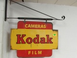 Vintage Kodak Cameras & Film Dbl. Sided Metal Sign On Orig. Cast Iron Hanger