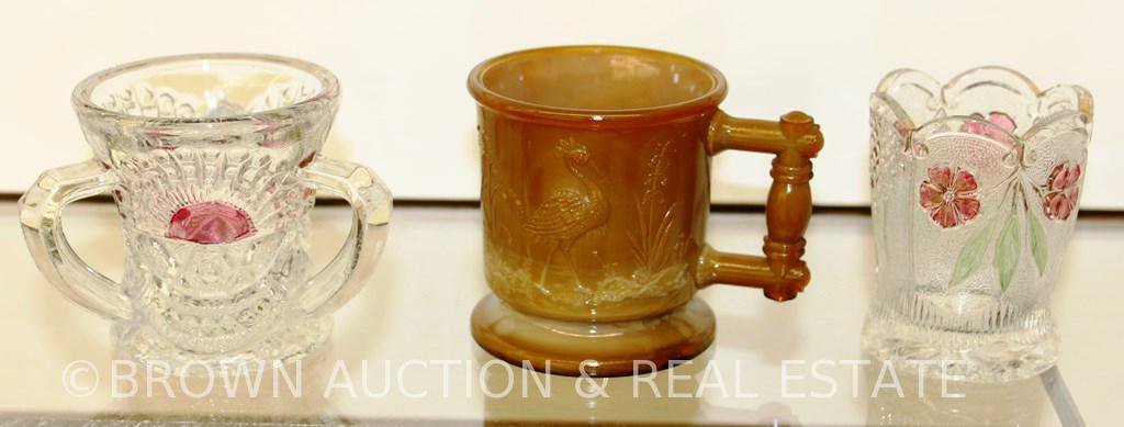 (3) Miscl. pieces: Chocolate Glass mug w/Heron and (2) EAPG toothpick holders