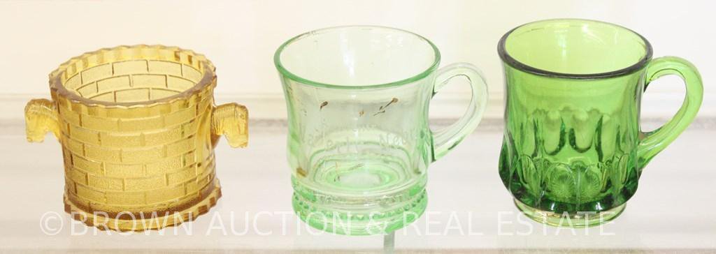 (2) EAPG small green mugs and amber toothpick holder w/horse head handles