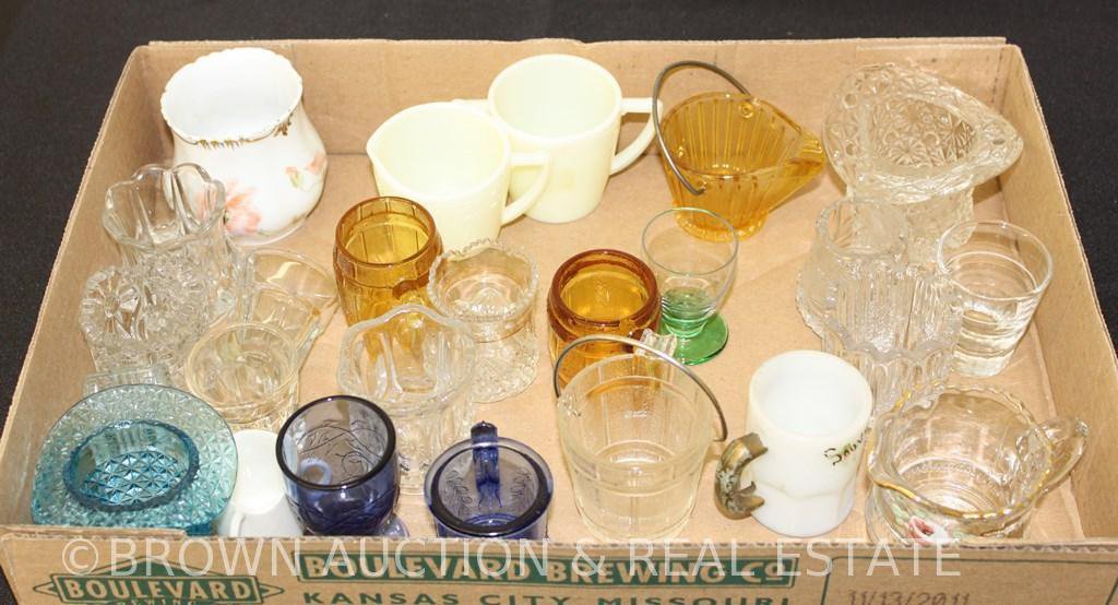 Box lot of glassware incl. toothpick holders, creamer and sugar and mini mugs - 25 total pieces