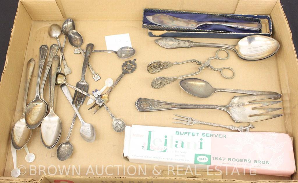 Box lot of miscl. Silverplate spoons and serving utensils