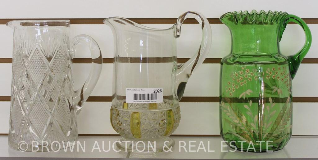 (3) Pitchers: EAPG, green Victorian w/handpainted d?cor and Pressed
