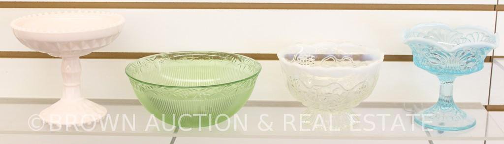 (4) Miscl. Glassware pieces: white opal. Bowl; blue opal. Compote, green depression bowl; pink Milk