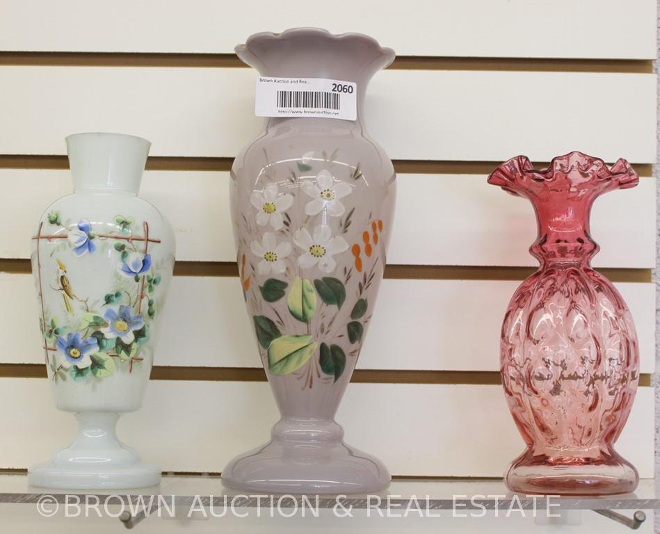 (2) Bristol and (1) Cranberry vase