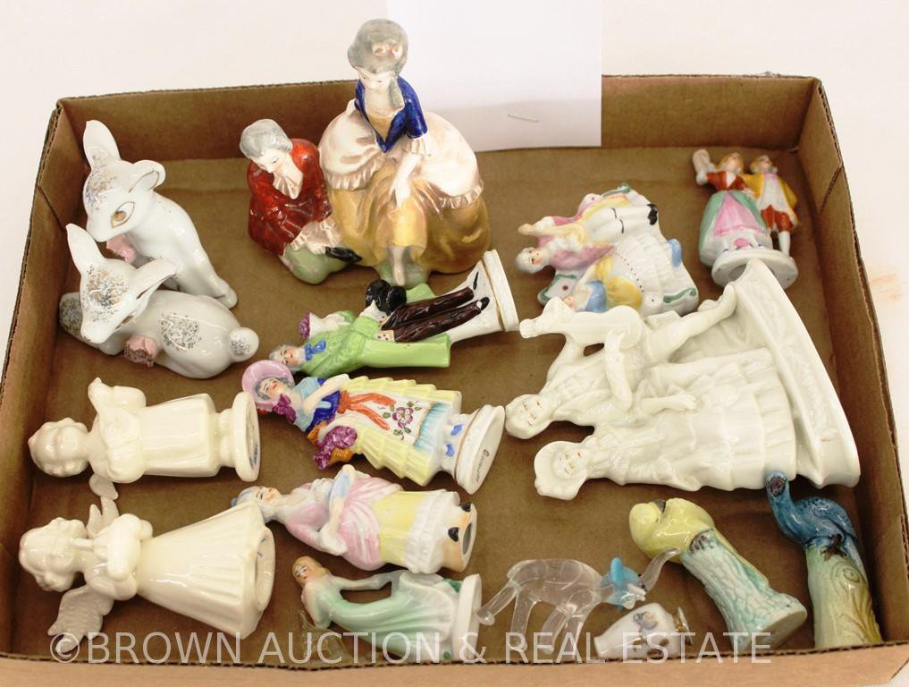 Box lot of figurines incl. Victorian couples, animals and angels