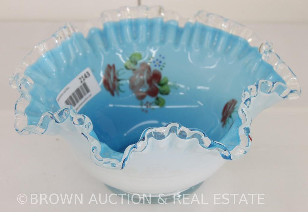 Cased Glass deep bride's bowl, white exterior/baby blue interior decorated w/pink flowers, clear