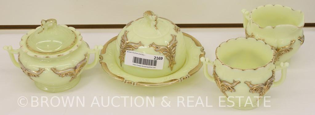 Custard Glass Winged Scroll 4 pc. Table set: creamer and cov. Sugar, spooner and cov. Butter dish