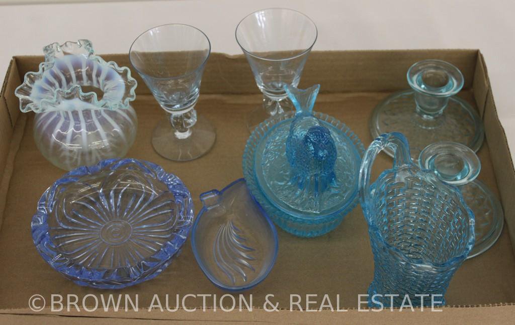 Box lot of (9) blue pieces of glasswre incl. bird on nest, basket, ashtrays, candleholders, etc.