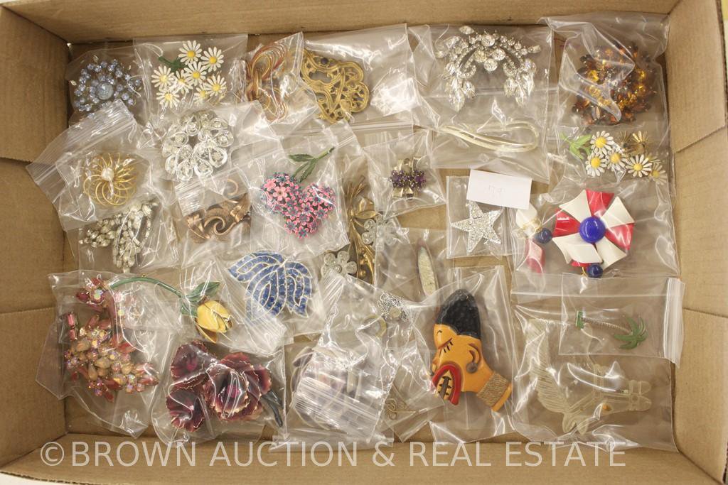 Box lot of costume jewelry, pins and brooches