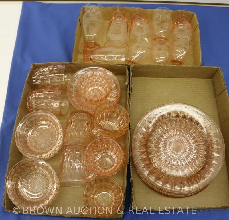 (3) Box lots of pink Depression dishes incl. plates, bowls, cups/saucers and tumblers - 38 total