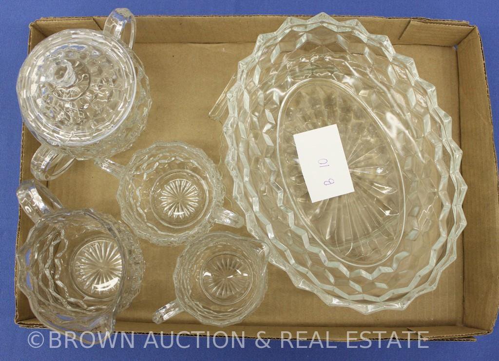 (6) American Fostoria dishes - small and large creamer and sugar sets, bowl and tab-handled round