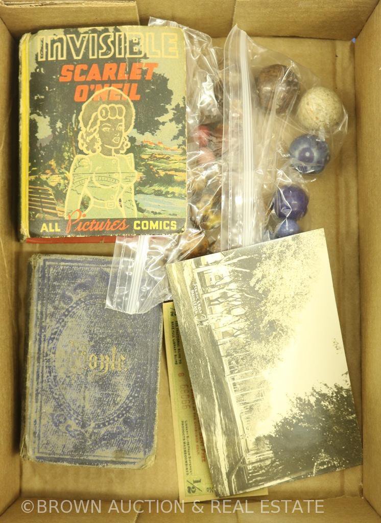 Invisible Scarlet O'Neil/All Pictures Comics book; Hoyle's Games rule book; (2) small bags marbles;