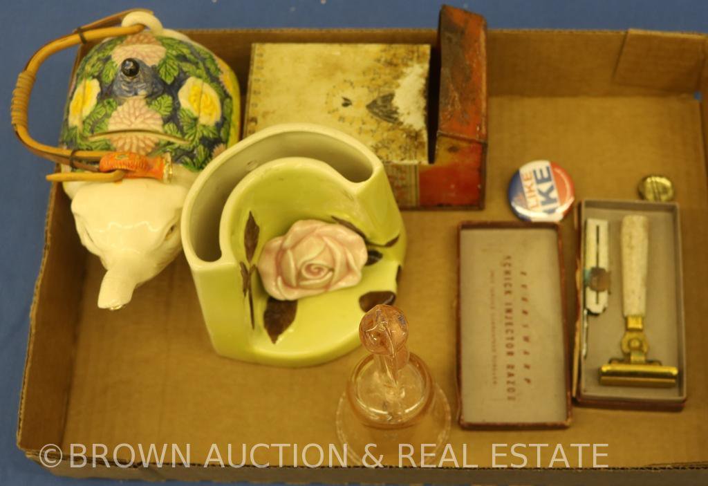 Box lot of miscl: Tin wall hanging match box; old Schick razor; planter; Elephant teapot; pink