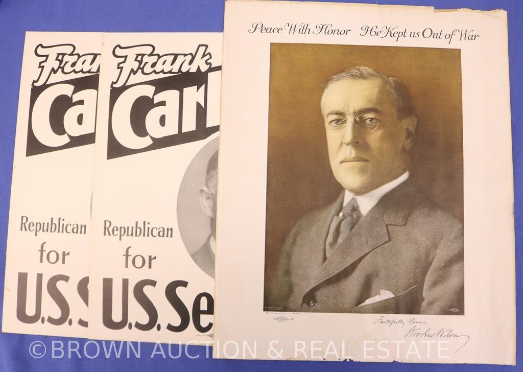 (2) Frank Carlson (Republican U.S. Senator) political posters and Woodrow Wilson print