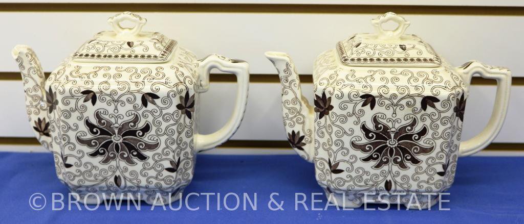 (2) Mason'a Transferware teapots, Bow Bells pattern, brown and white (1 with chipped spout)