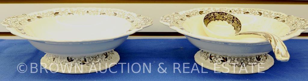 (2) Mason's Transferware serving bowls on pedestal base, Bow Bells pattern, brown and white and (1)