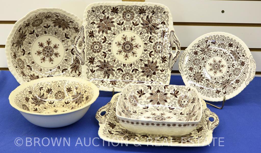 (6) Mason's Transferware pieces in Bow Bells pattern: 2-round serving bowls; 1-square bowl;