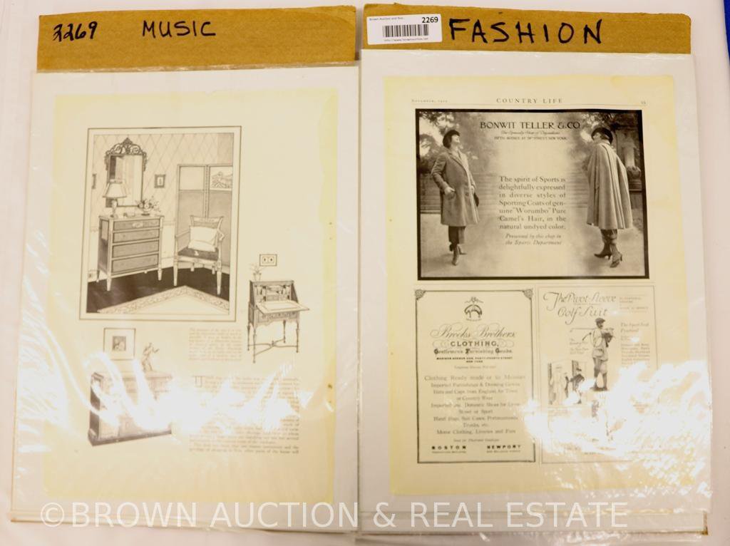 Advertisement pages taken from early 1900's magazines with Fashion and Music themes