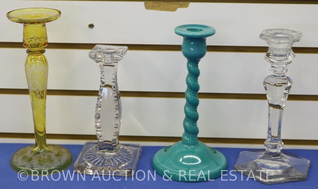 (4) Single candlesticks, crystal/amber and turquoise
