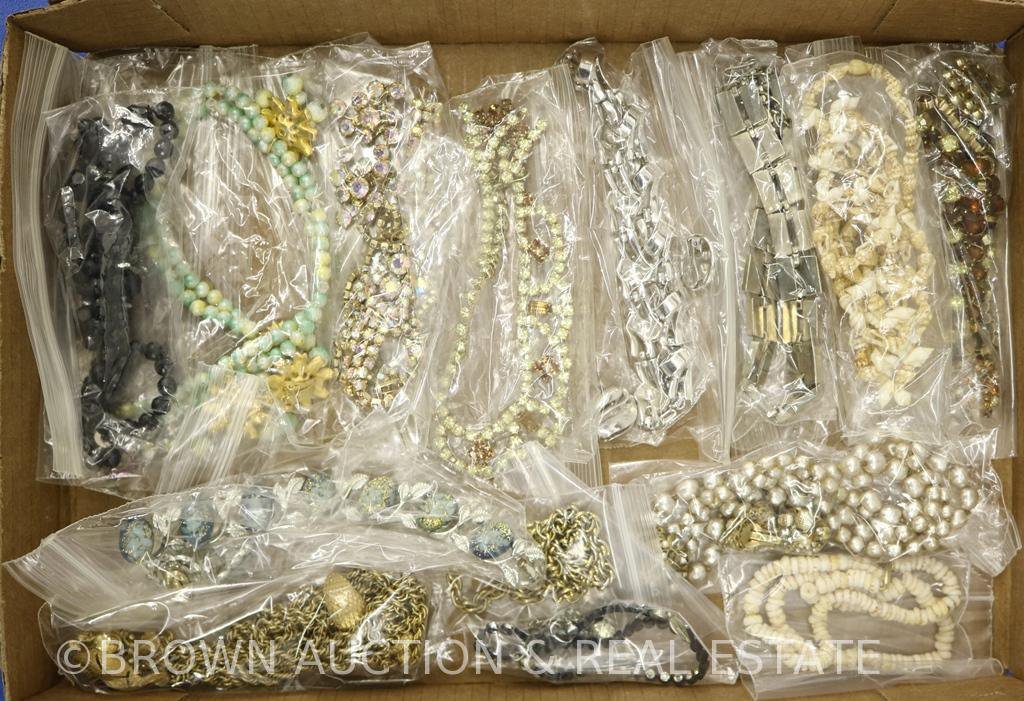 Box lot of costume jewelry, necklaces + necklace and earring sets