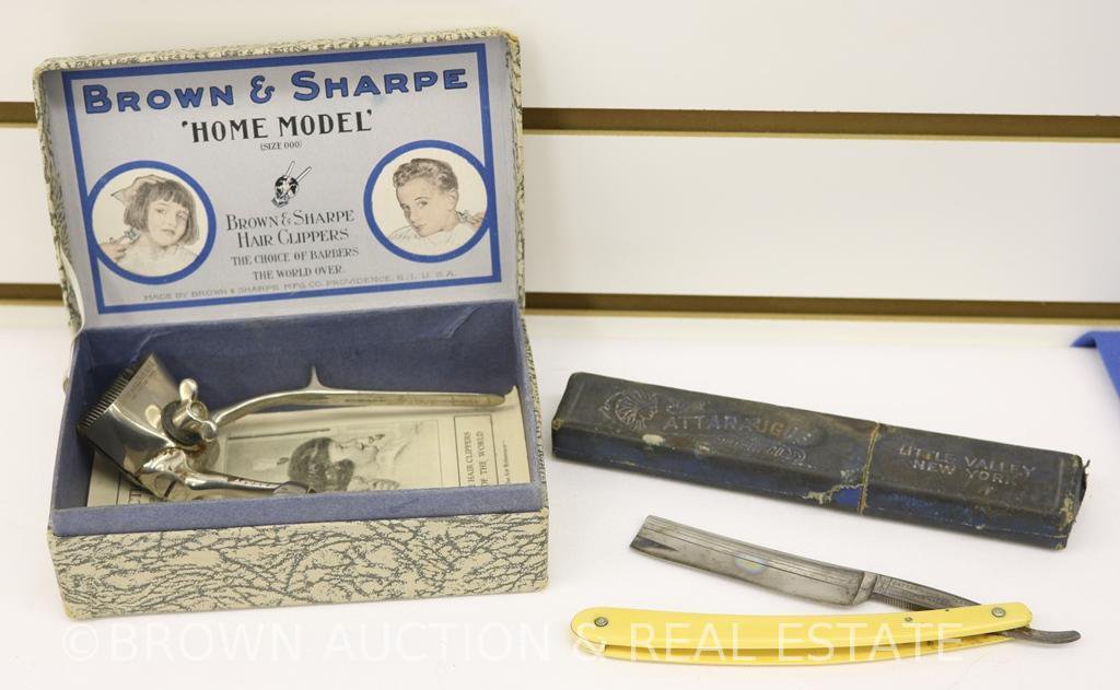 Straight edge razor w/celluloid handle, razor box and Brown and Sharpe 