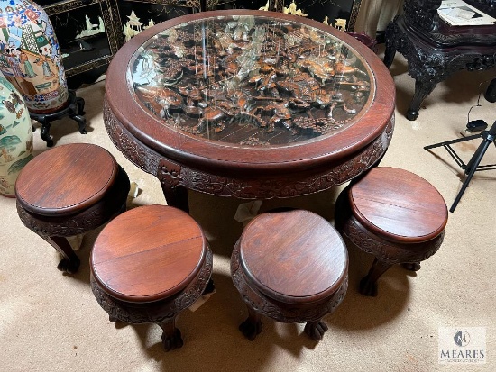 Asian-Influenced Low Coffee Table with Glass Top and Ornate-Carved Design