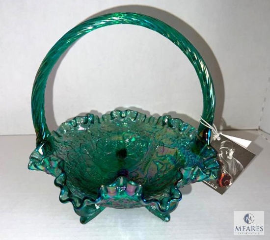 Fenton Spruce Green Carnival Glass Ruffled Edge Grape Patterned Footed Basket