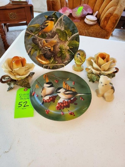 Fenton Hand Painted Cat, 2 Rose Candleholders, 2 Bird Plates, 1 Bird Egg