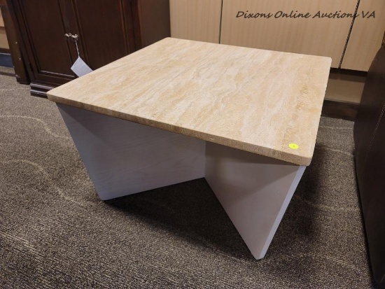 (R1) FAUX MARBLE TOP SQUARE END TABLE. MEASURES 28 IN X 28 IN X 17 IN. ITEM IS SOLD AS IS WHERE IS