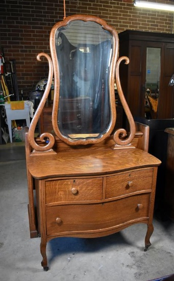 Early 20th C. Antique Quartersawn Oak Mirrored Recurve Dresser