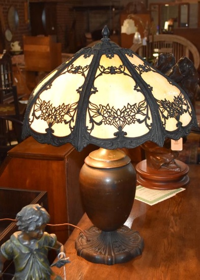 Antique Slag Glass Shade Bronze Finished Metal Base Table Lamp