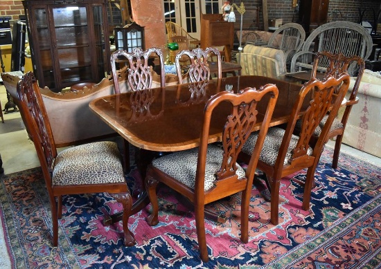 Set Six Drexel Chippendale Carved Mahogany Dining Chairs, Leopard Print Seats