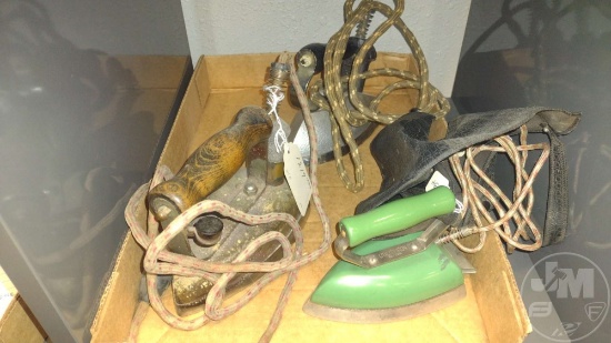 VINTAGE GREEN TRAVEL IRON AND (2) OTHER ELECTRIC IRONS