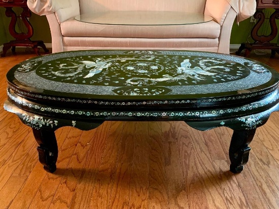 Oriental Style Coffee Table w/Intricate Detail of Mother of Pearl & Abalone Inlay. - As Pictured