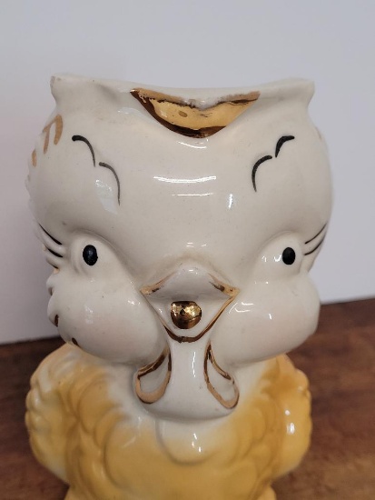 Vintage Shawnee Pottery Yellow Owl Pitcher w/Gold Accents