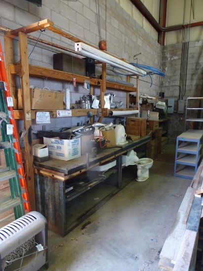 WORK BENCHES & CONTENTS ON WEST WALL OF WAREHOUSE