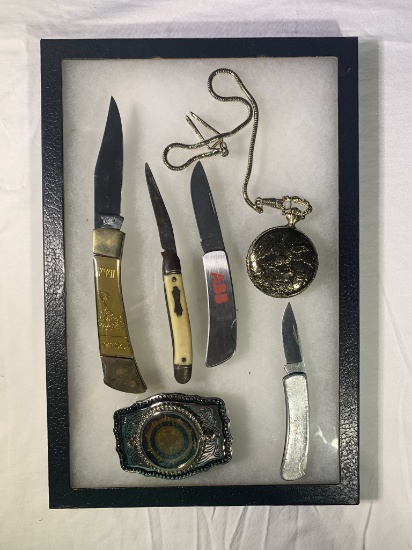 American Legion Belt Buckle, 4 Knives, Pocket Watch & Showcase Box