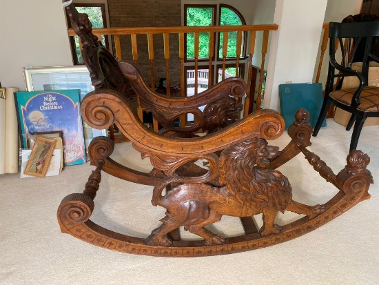 Italian Renaissance Revival Walnut Rocking Chair with Lions