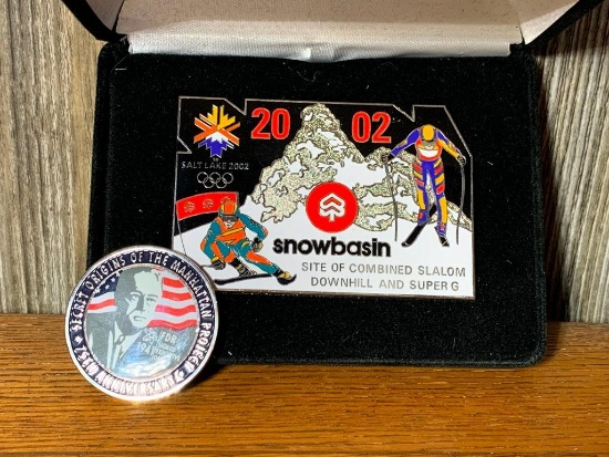 Secret Origins of The Manhattan Project Collector Coin & 2002 Salt Lake Snowbasin Pin