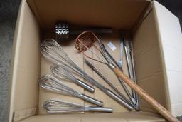lot of 4 whips/3 tongs/masher, tenderizer